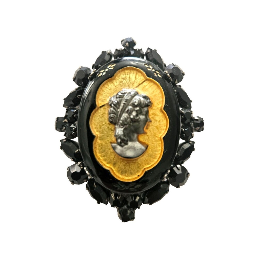 Vintage Mourning Style Cameo Brooch Black Jet Rhinestone Victorian Revival Goth